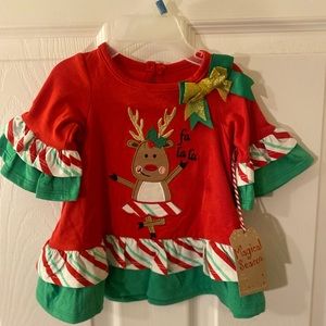 Christmas Dress, Fa La La Reindeer Ruffled Dress, Red, White Christmas Dress